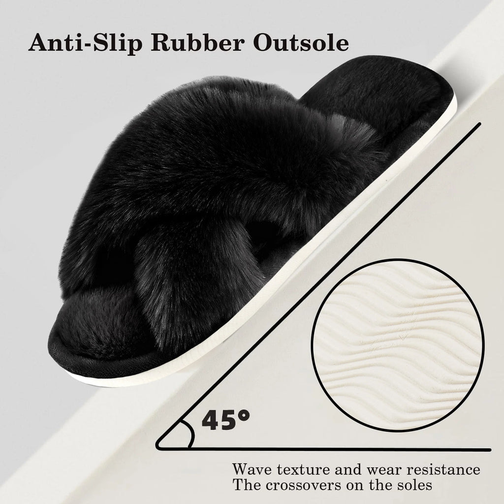 Women'S Fuzzy Slippers Cross Band Memory Foam House Shoes Open Toe