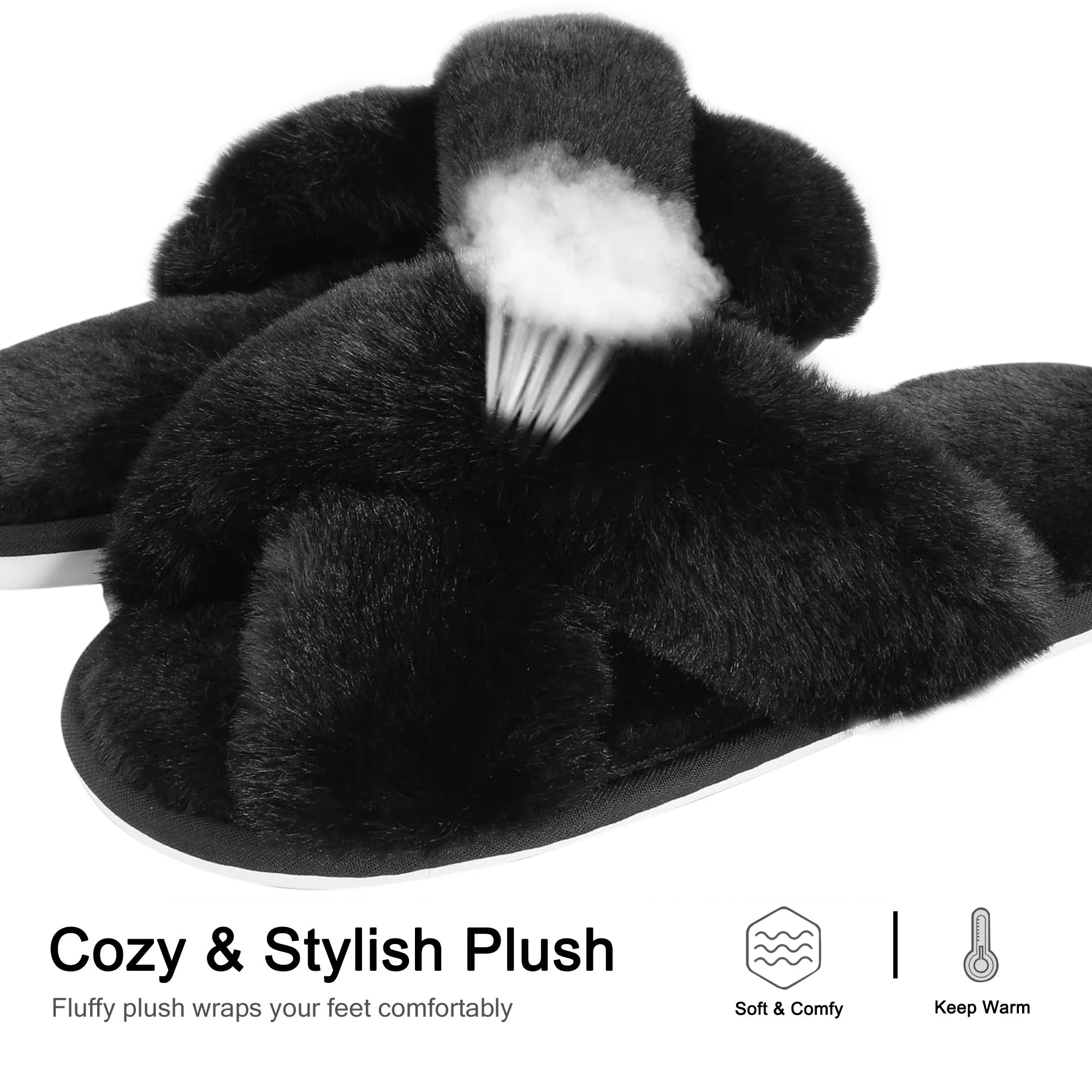 Women'S Fuzzy Slippers Cross Band Memory Foam House Shoes Open Toe