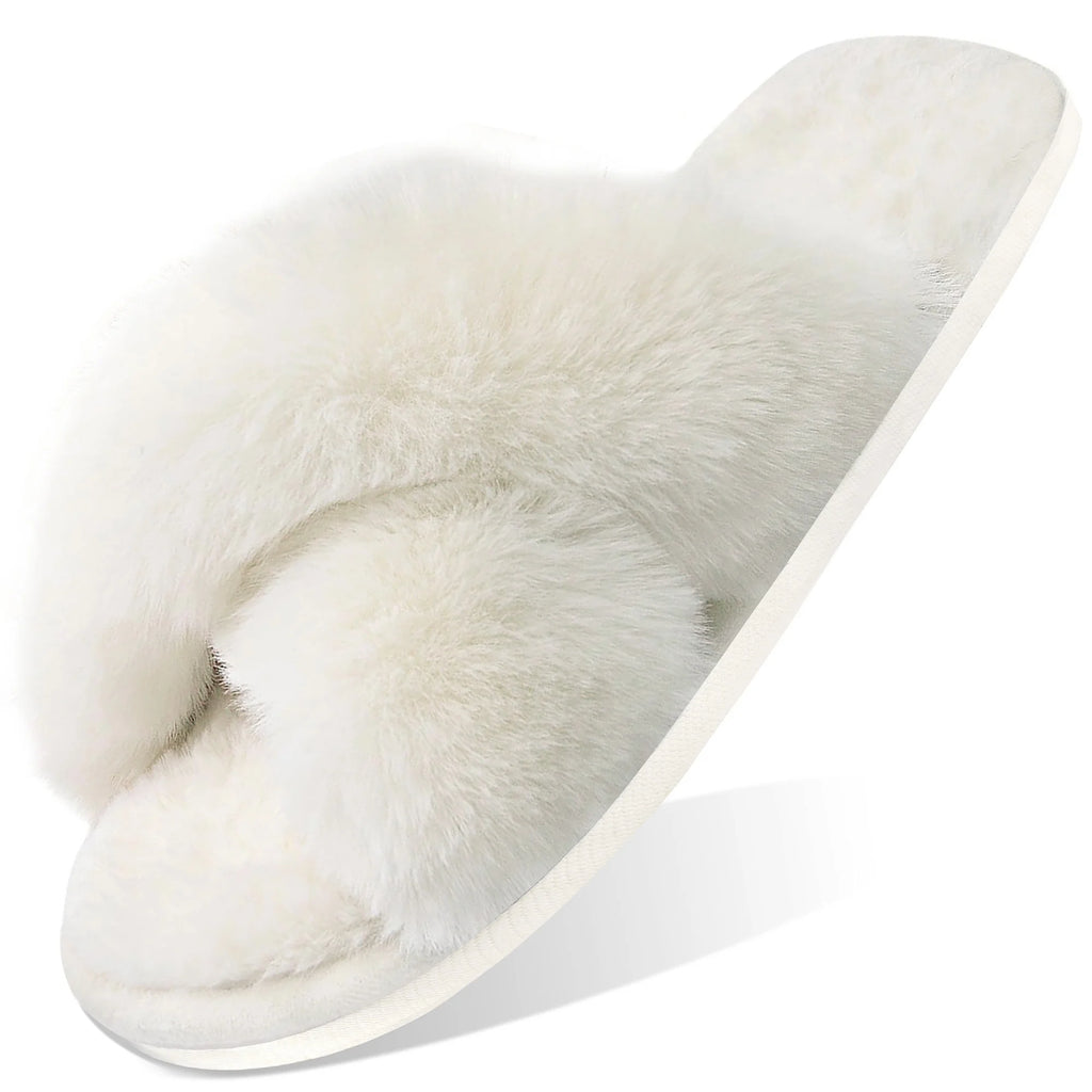 Women'S Fuzzy Slippers Cross Band Memory Foam House Shoes Open Toe