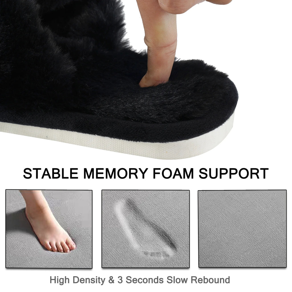 Women'S Fuzzy Slippers Cross Band Memory Foam House Shoes Open Toe