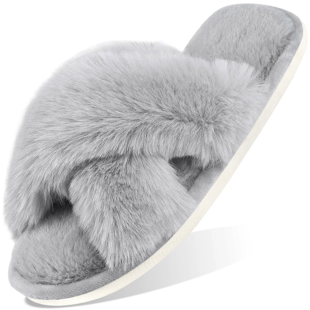 Women'S Fuzzy Slippers Cross Band Memory Foam House Shoes Open Toe
