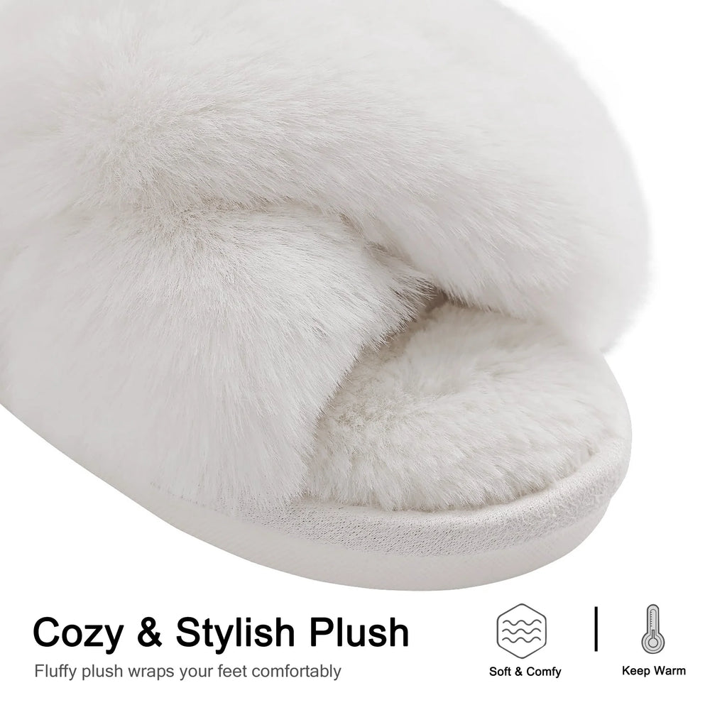 Women'S Fuzzy Slippers Cross Band Memory Foam House Shoes Open Toe