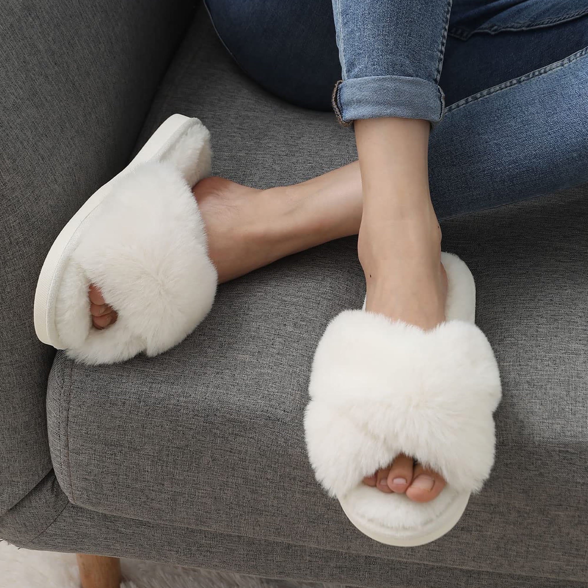 Women'S Fuzzy Slippers Cross Band Memory Foam House Shoes Open Toe