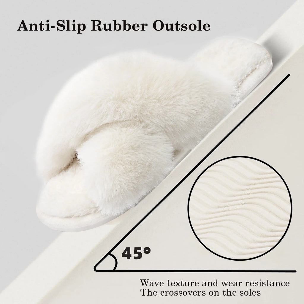 Women'S Fuzzy Slippers Cross Band Memory Foam House Shoes Open Toe