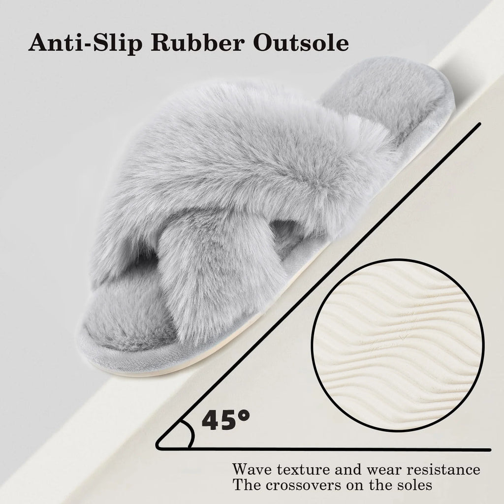 Women'S Fuzzy Slippers Cross Band Memory Foam House Shoes Open Toe